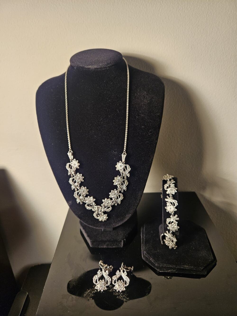 Vintage KDZ Sterling Silver Marcasite Floral Parure Set Necklace Bracelet...